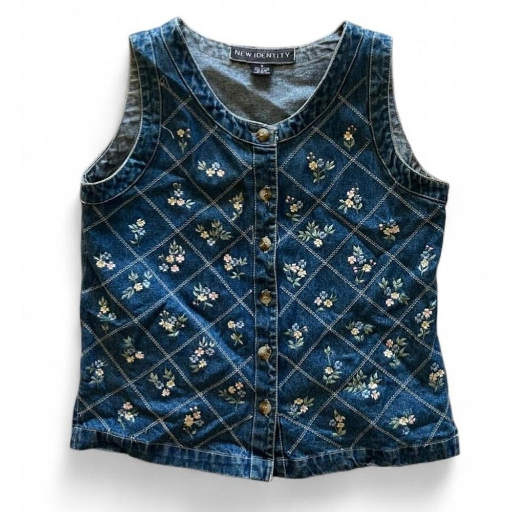 90s Vintage Denim Floral Embroidered Button Down Vest